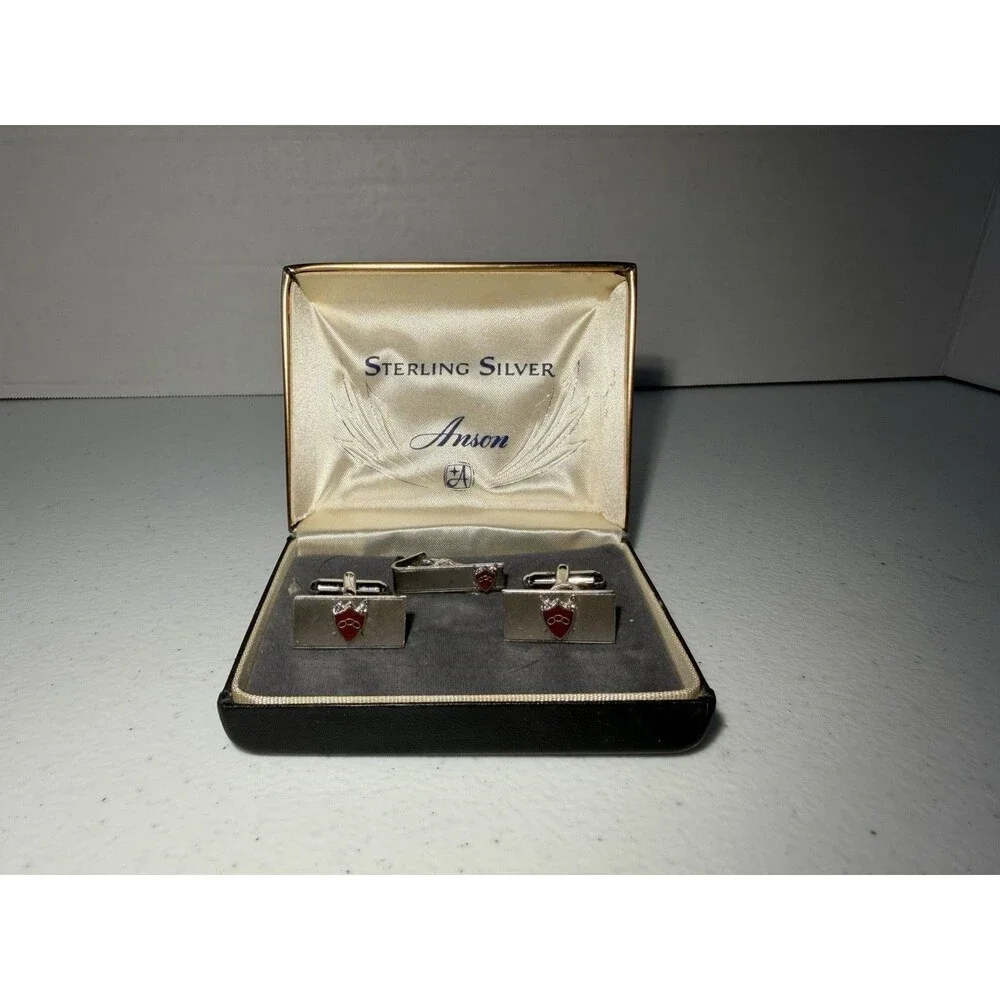 Vintage ANSON Cufflinks & Tie Tack - Sterling Silver - Odd Fellows - Red Logo